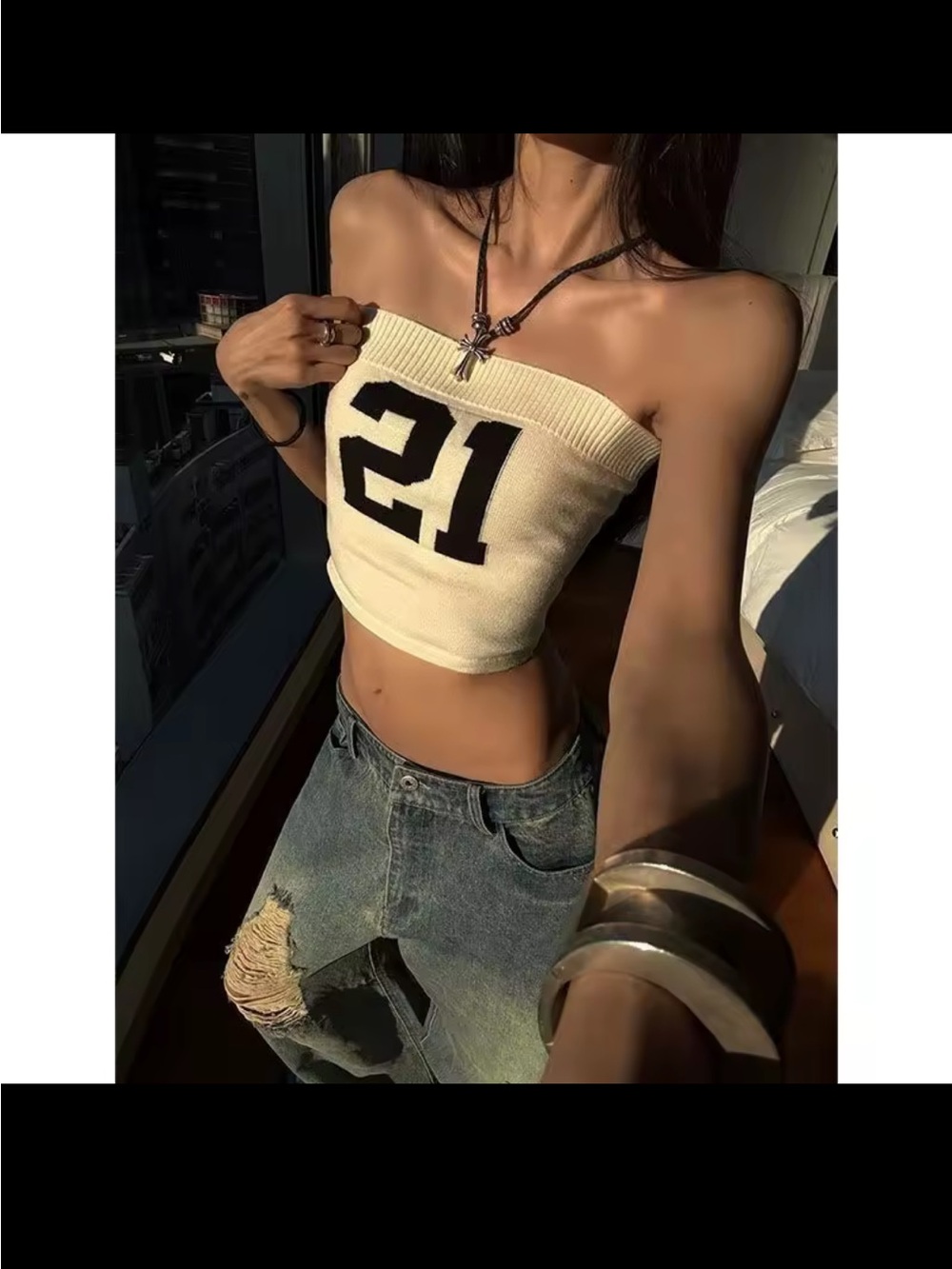 Women’s Cream Strapless Knit Tube Top with Black '21' Graphic